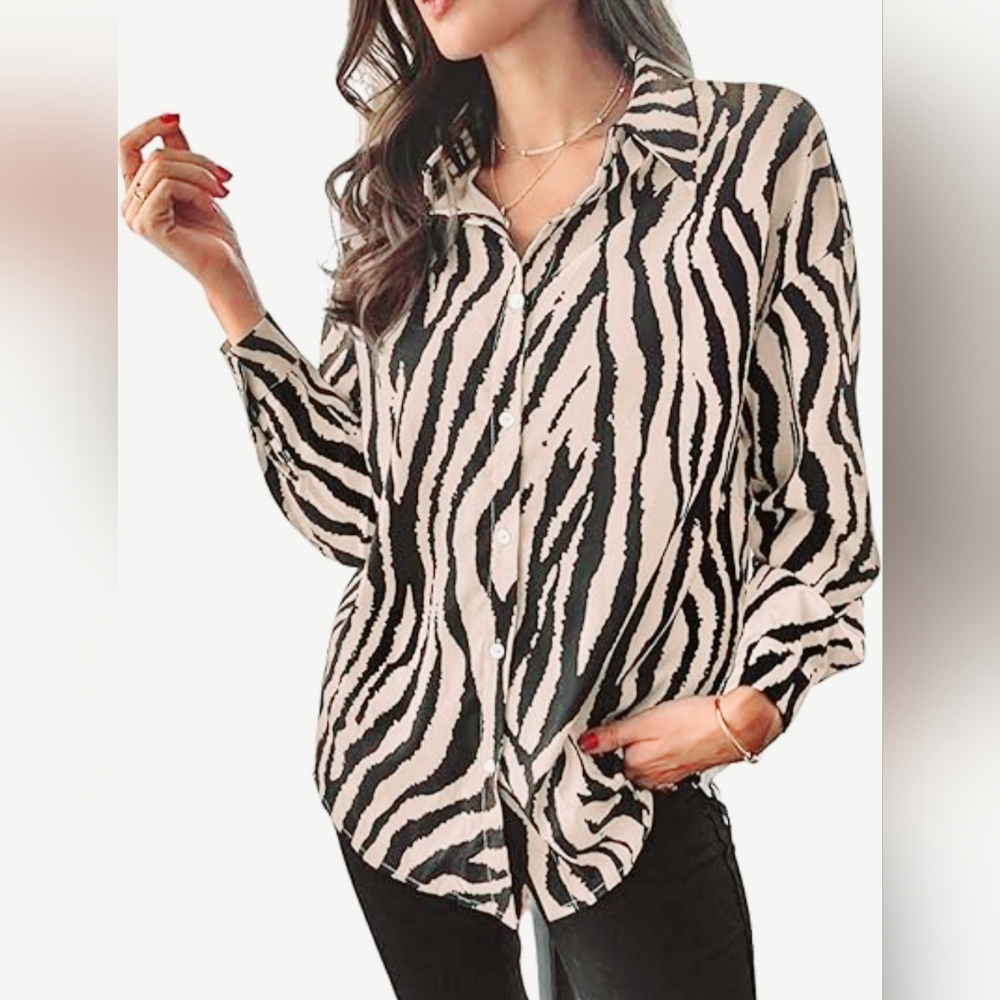 Haver London Silky Animal Print Flowy Navy Blue & White Blouse